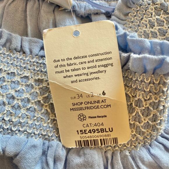 Miss Selfridge Blue Boho Embroidered Off-The-Shoulder Top 2 Bell Sleeves NWT - Picture 4 of 9